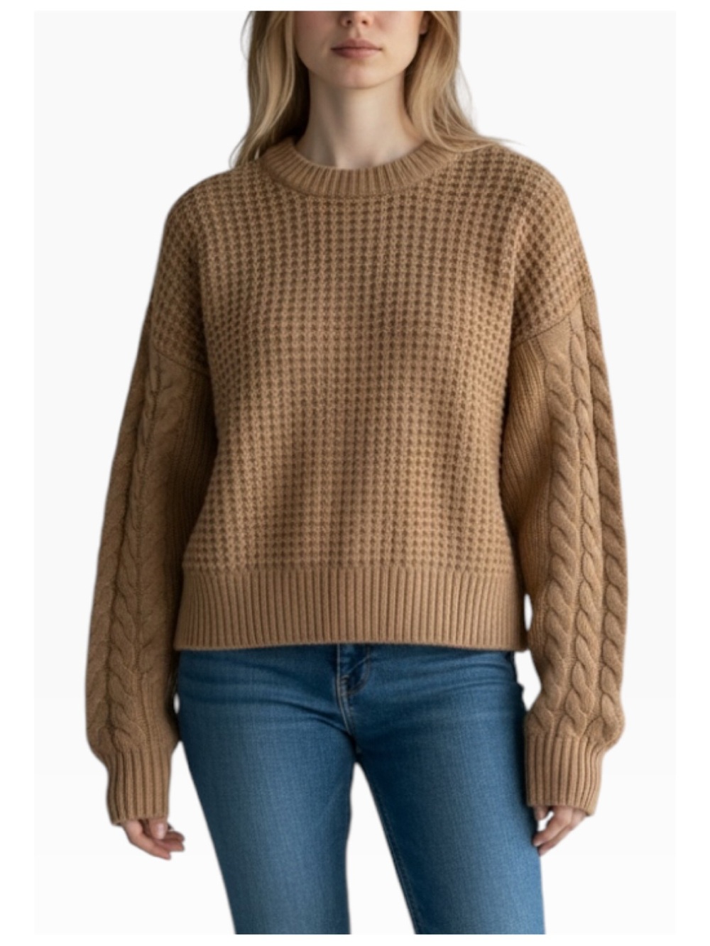 French Connection Mozart Popcorn Cable Knit Round Neck Sweater Camel M